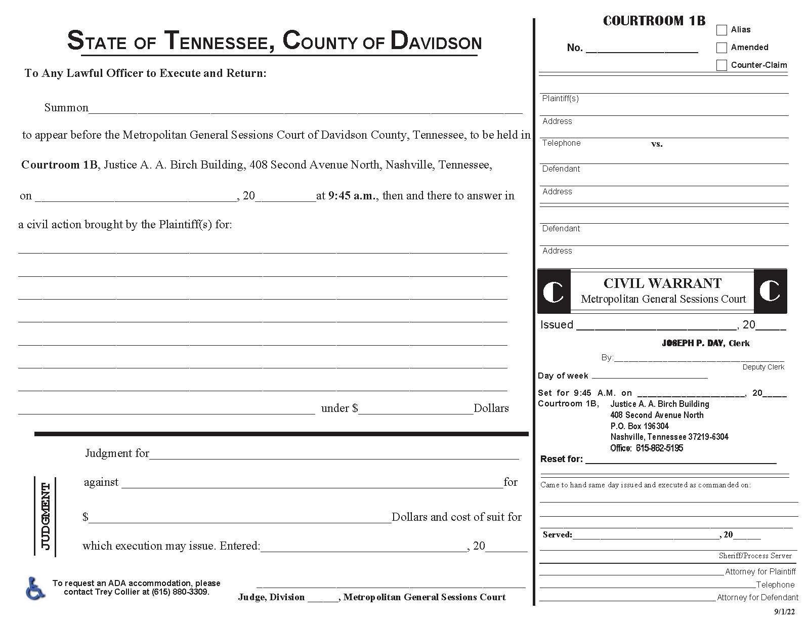 Civil Warrant Courtroom 1B | Pdf Fpdf Docx | Tennessee