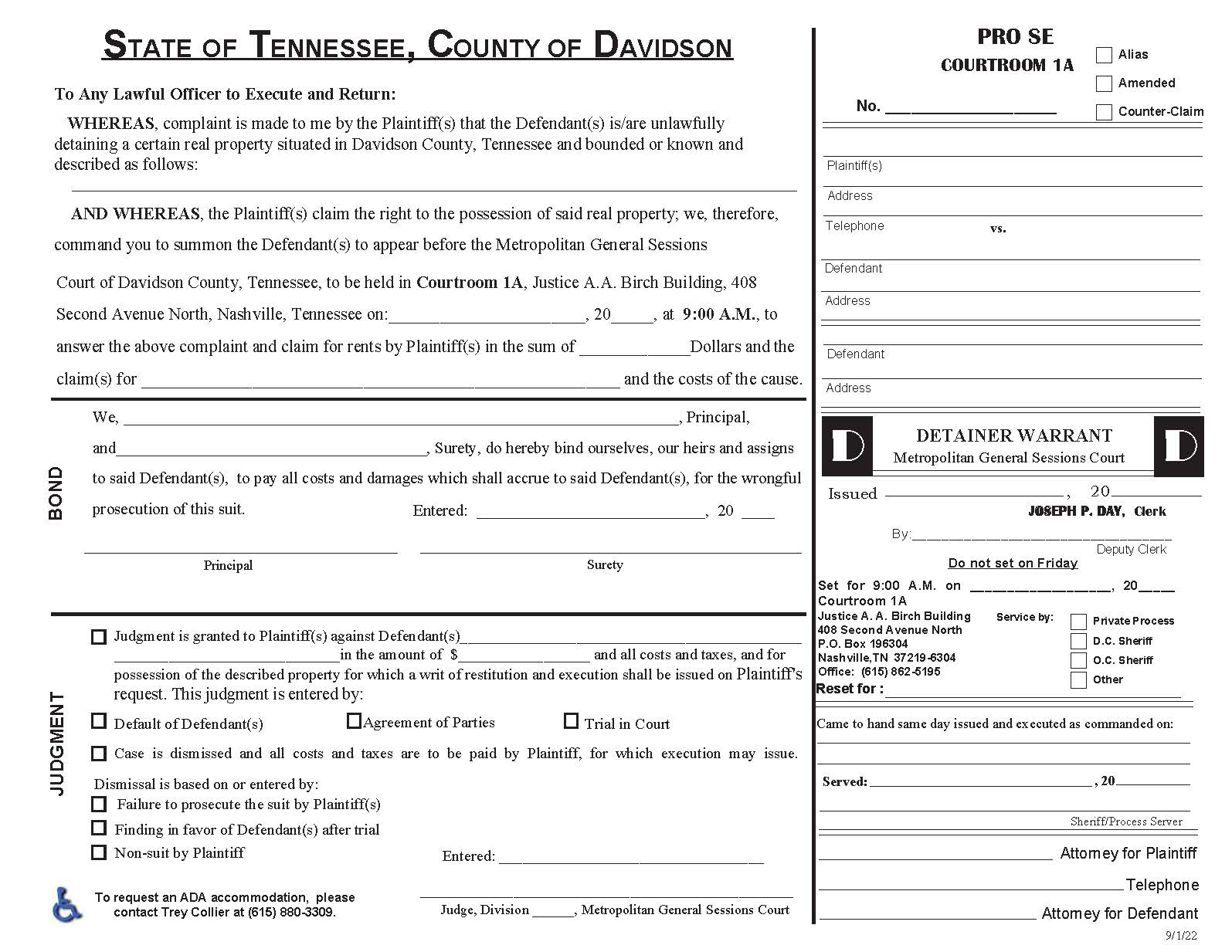 Detainer Warrant Courtroom 1A Pro Se | Pdf Fpdf Docx | Tennessee