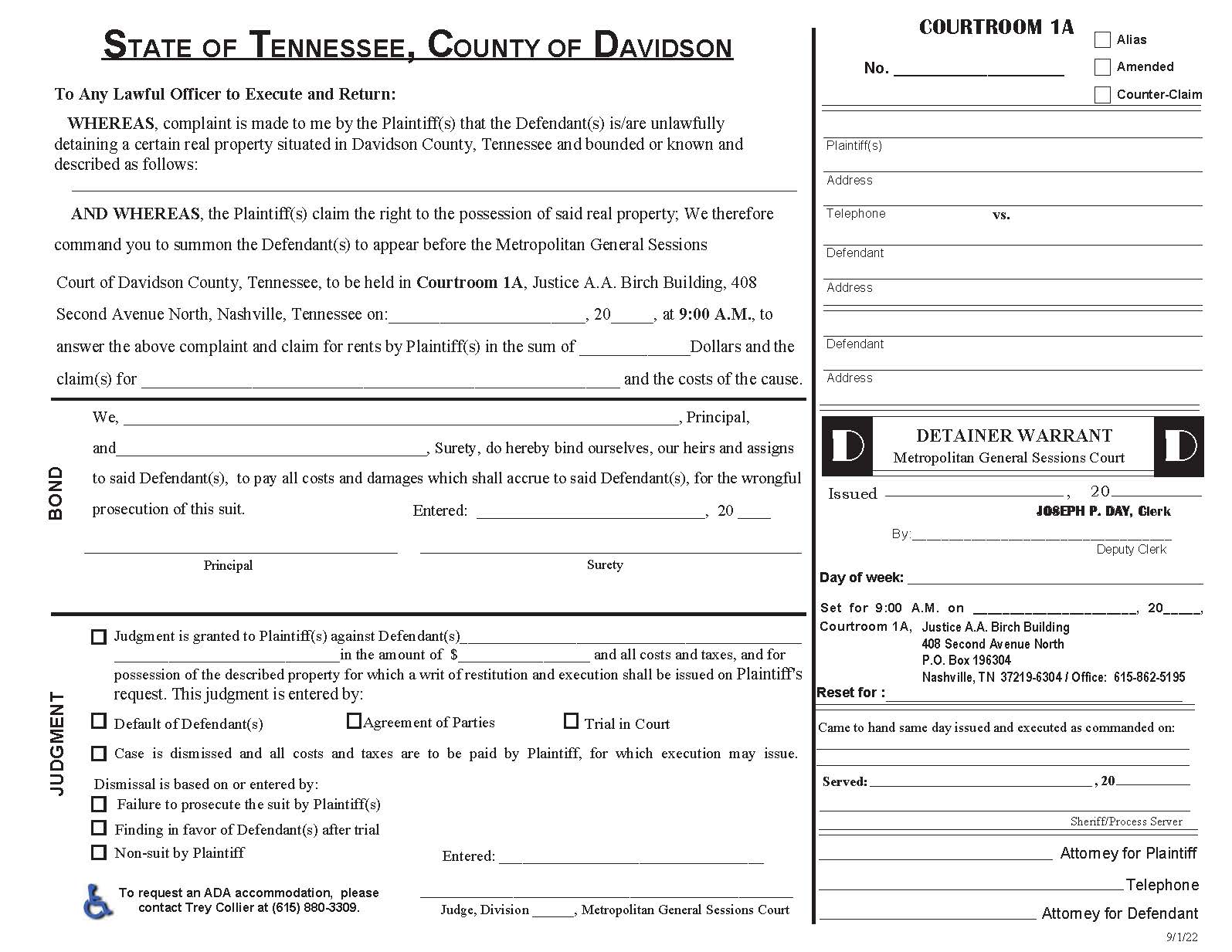 Detainer Warrant Courtroom 1A | Pdf Fpdf Docx | Tennessee