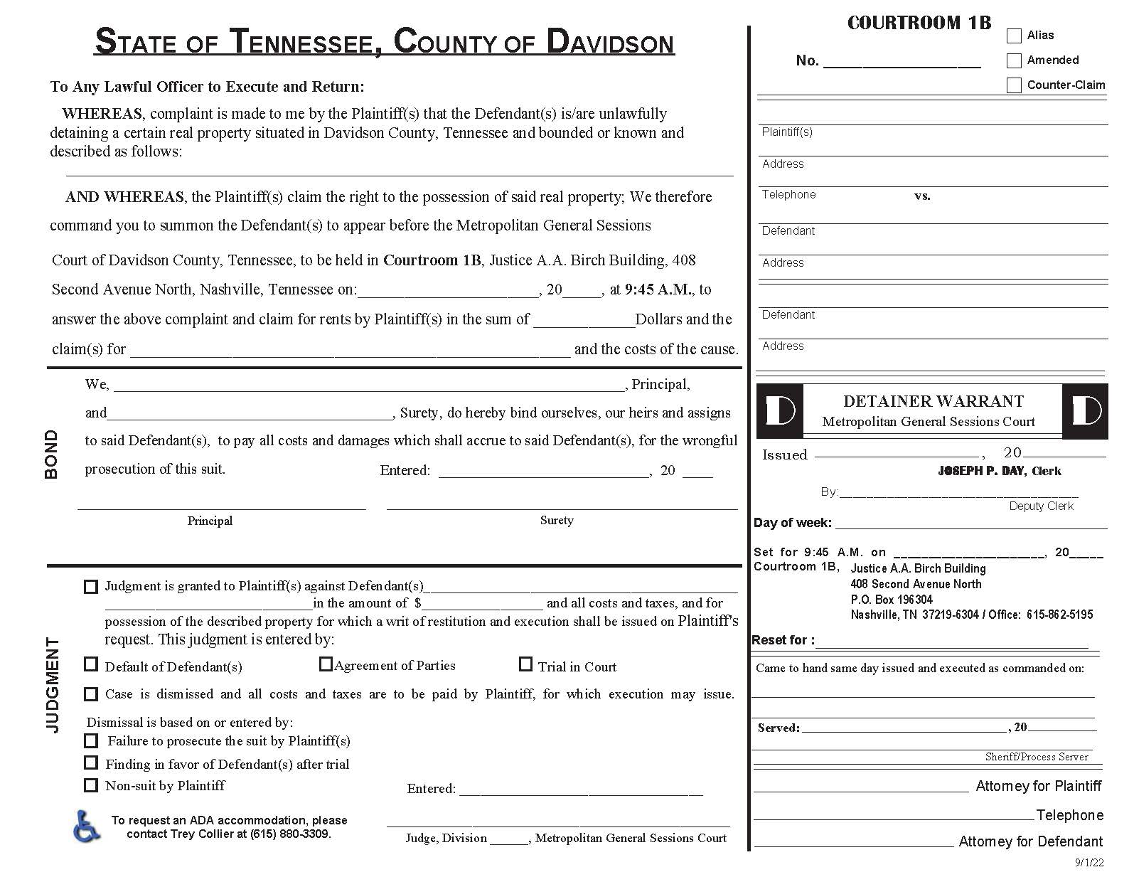 Detainer Warrant Courtroom 1B | Pdf Fpdf Docx | Tennessee