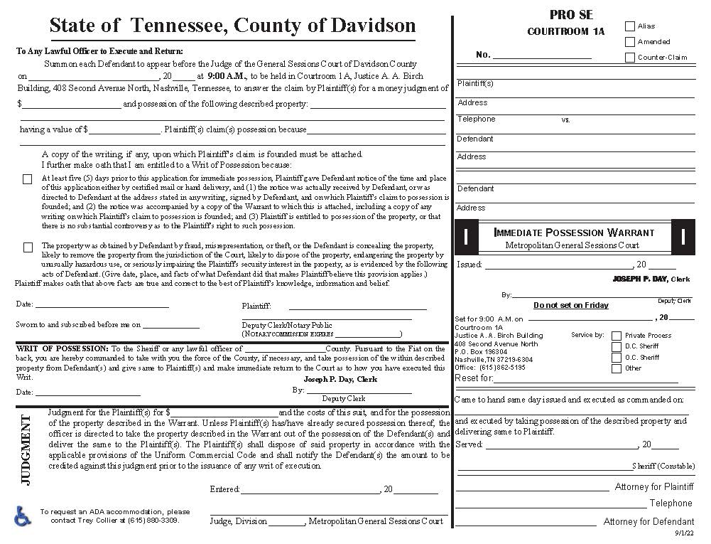 Immediate Possession Warrant Courtroom 1A Pro Se | Pdf Fpdf Docx | Tennessee
