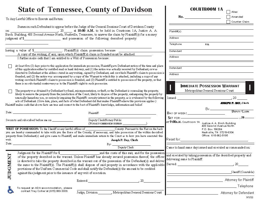 Immediate Possession Warrant Courtroom 1A | Pdf Fpdf Docx | Tennessee