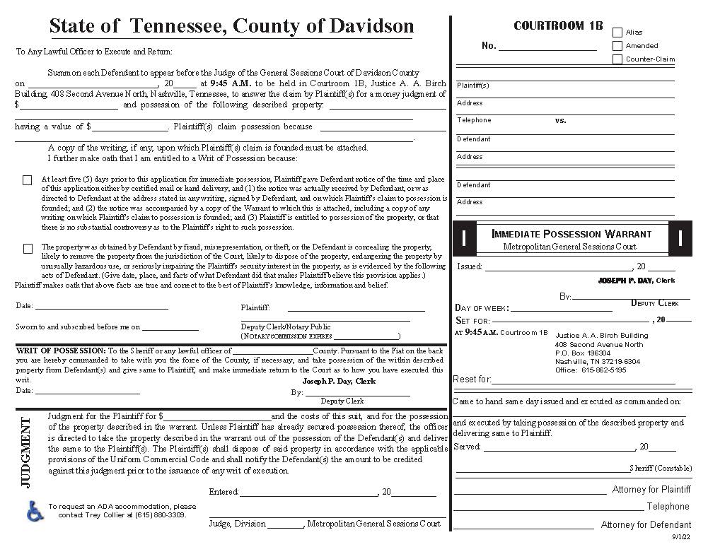 Immediate Possession Warrant Courtroom 1B | Pdf Fpdf Docx | Tennessee