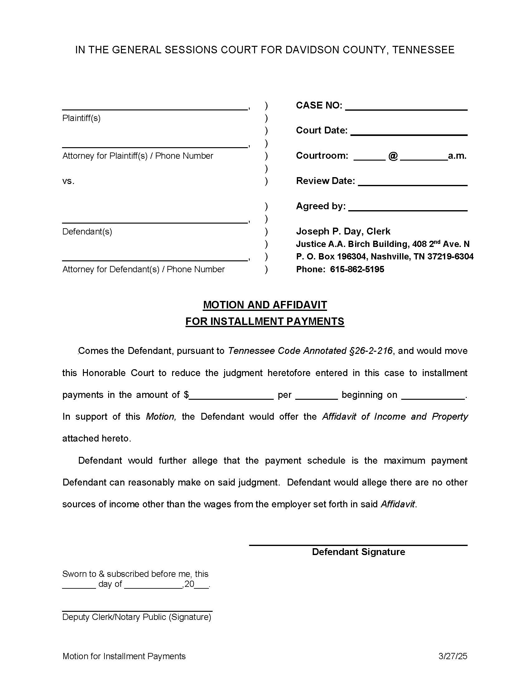 Motion For Installment Payments | Pdf Fpdf Docx | Tennessee