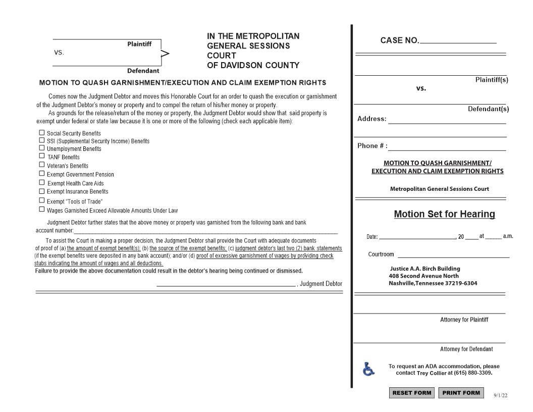 Motion To Quash Garnishment | Pdf Fpdf Docx | Tennessee