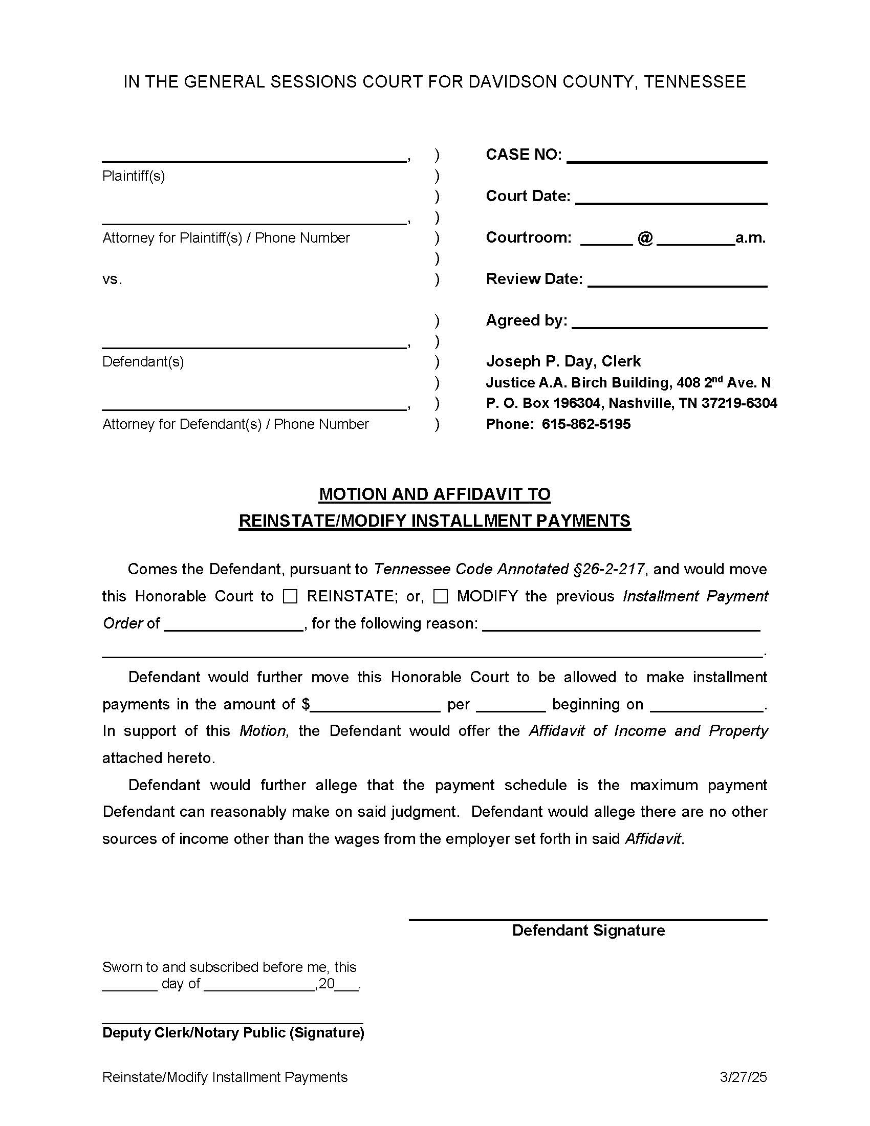 Motion To Reinstate Or Modify Installments | Pdf Fpdf Docx | Tennessee