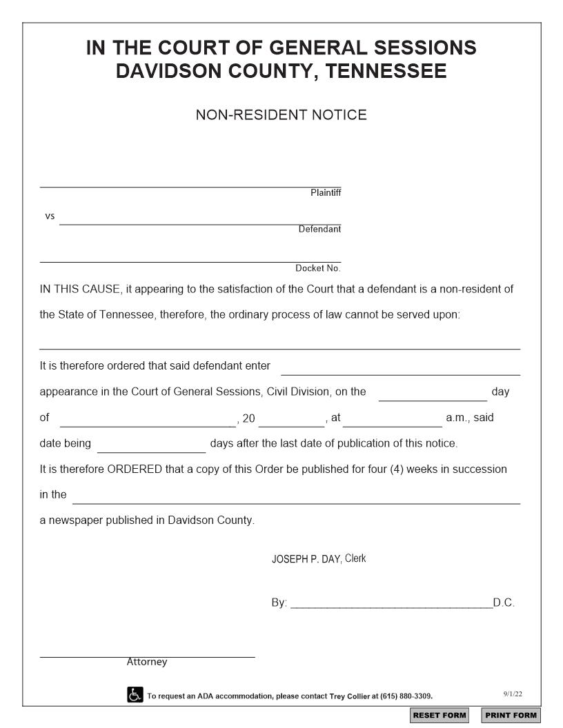 Non Resident Notice | Pdf Fpdf Docx | Tennessee