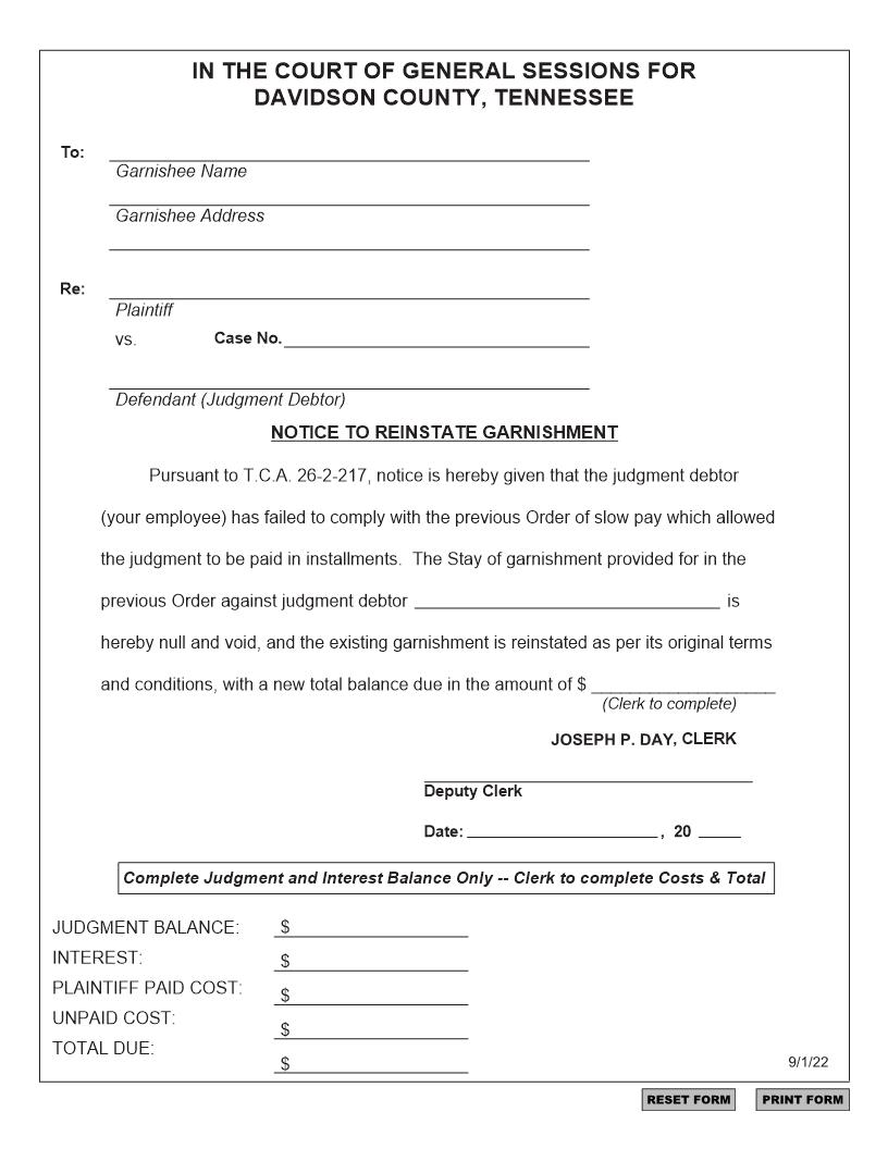 Notice To Reinstate Garnishment | Pdf Fpdf Docx | Tennessee
