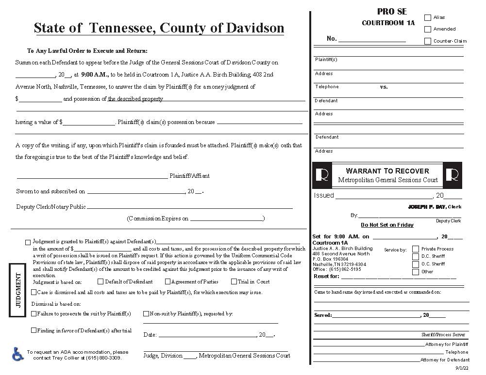 Warrant To Recover Courtroom 1A Pro Se | Pdf Fpdf Docx | Tennessee