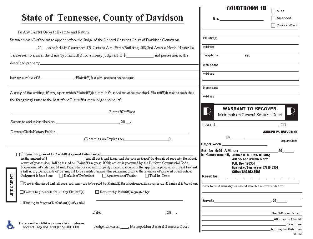 Warrant To Recover Courtroom 1B | Pdf Fpdf Docx | Tennessee
