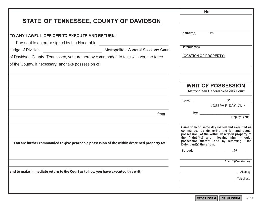 Writ Of Possession | Pdf Fpdf Docx | Tennessee