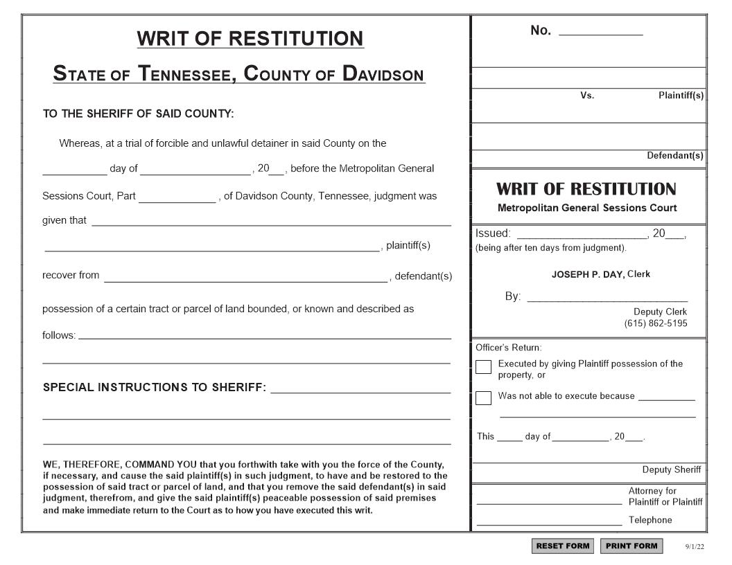 Writ Of Restitution | Pdf Fpdf Docx | Tennessee