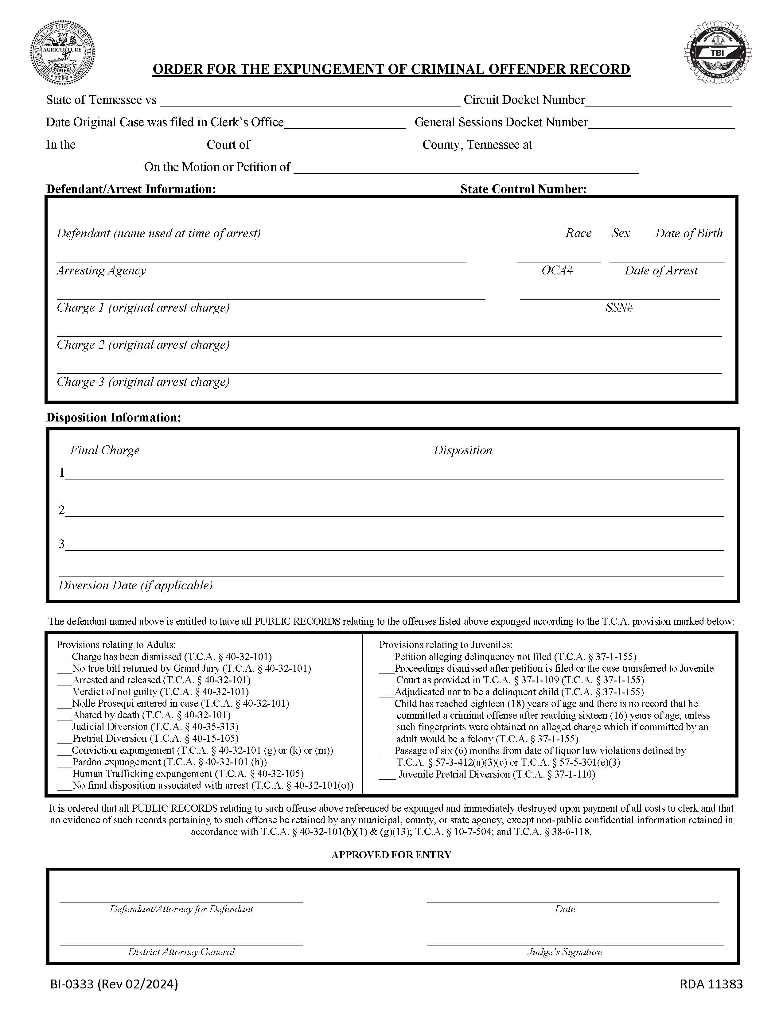 Expungement Of Criminal Record Form | Pdf Fpdf Doc Docx | Tennessee
