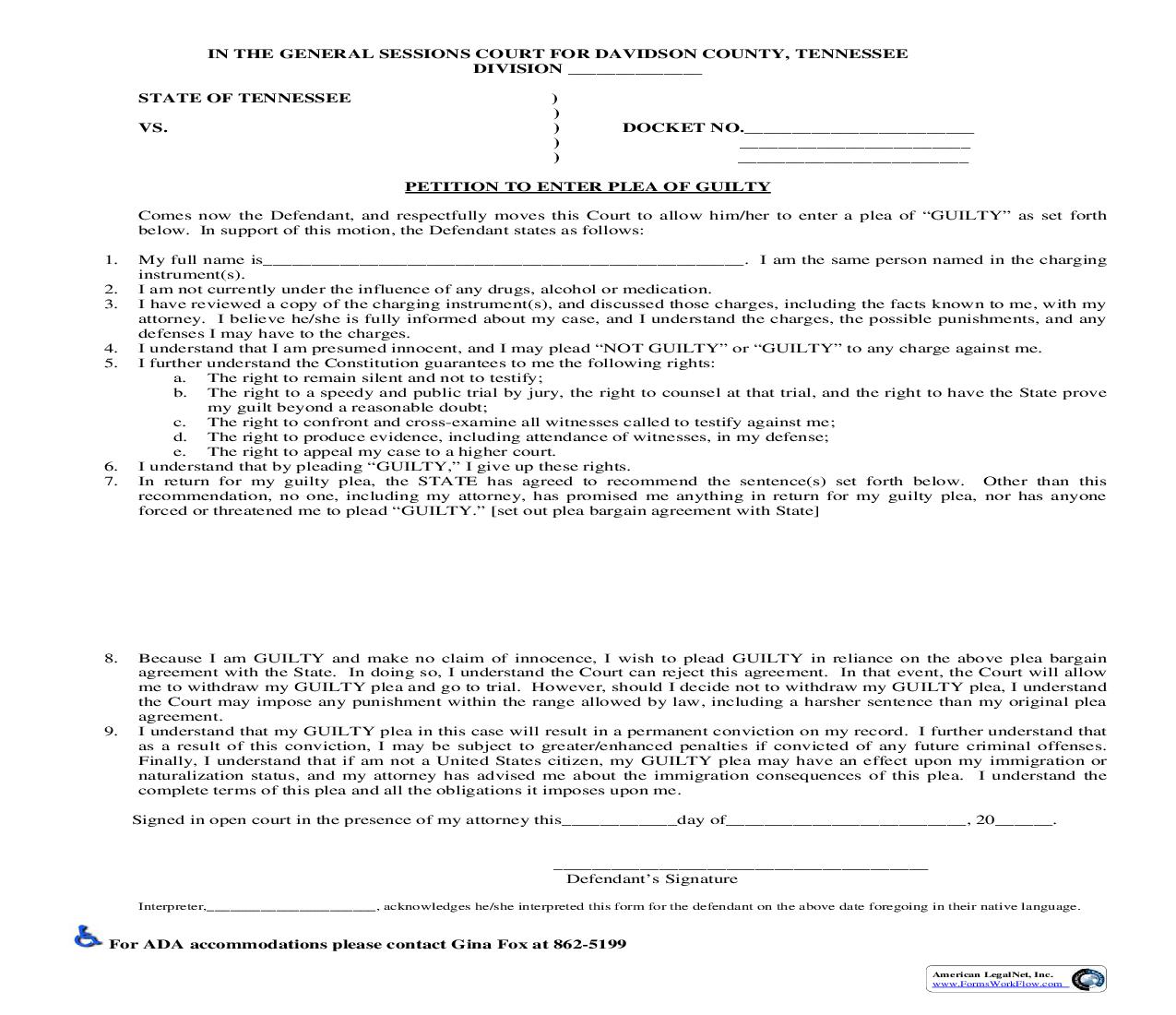 Guilty Plea Form - General Sessions Court | Pdf Fpdf Doc Docx | Tennessee