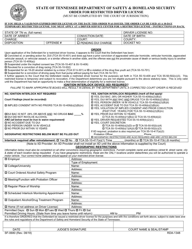 Order For Restricted Driver License | Pdf Fpdf Docx | Tennessee