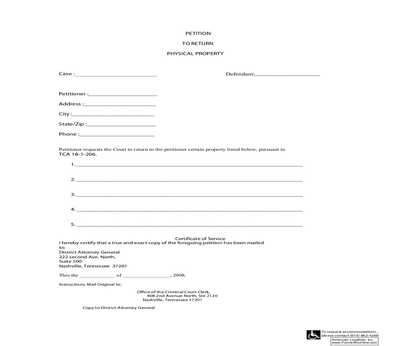 Petition To Return Physical Property (Evidence) Pursuant To TCA 18-1-206 | Pdf Fpdf Doc Docx | Tennessee