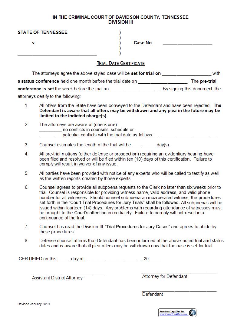 Trial Date Certificate | Pdf Fpdf Docx | Tennessee