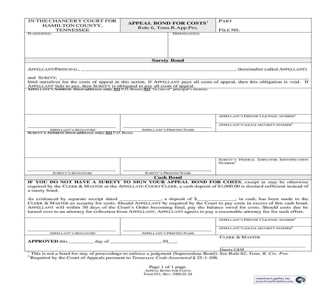 Appeal Bond For Costs {011} | Pdf Fpdf Doc Docx | Tennessee