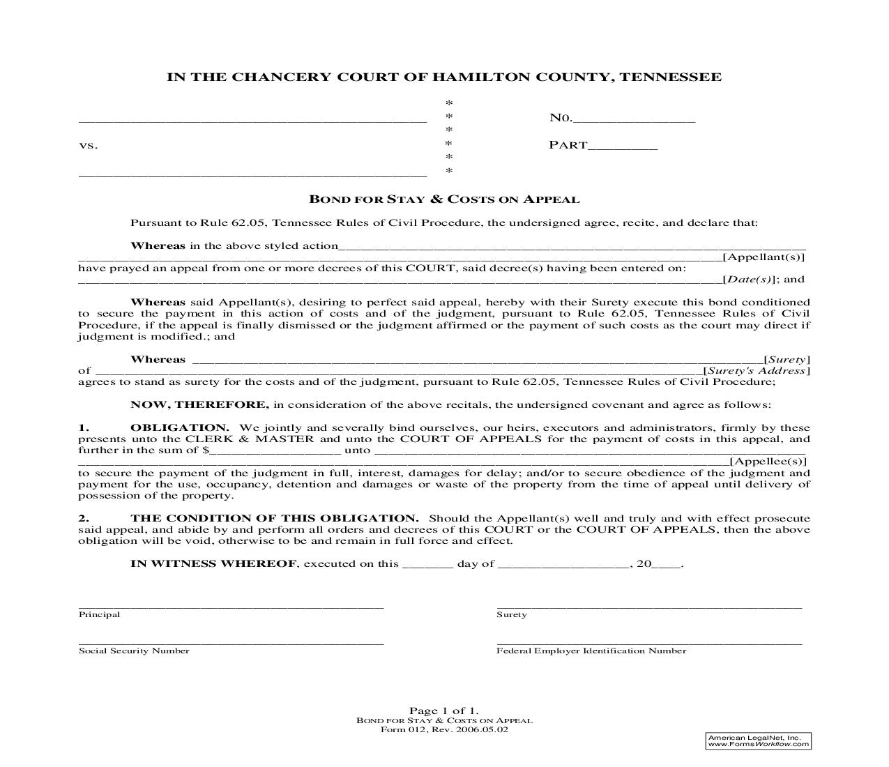 Bond For Stay And Costs On Appeal {012} | Pdf Fpdf Doc Docx | Tennessee