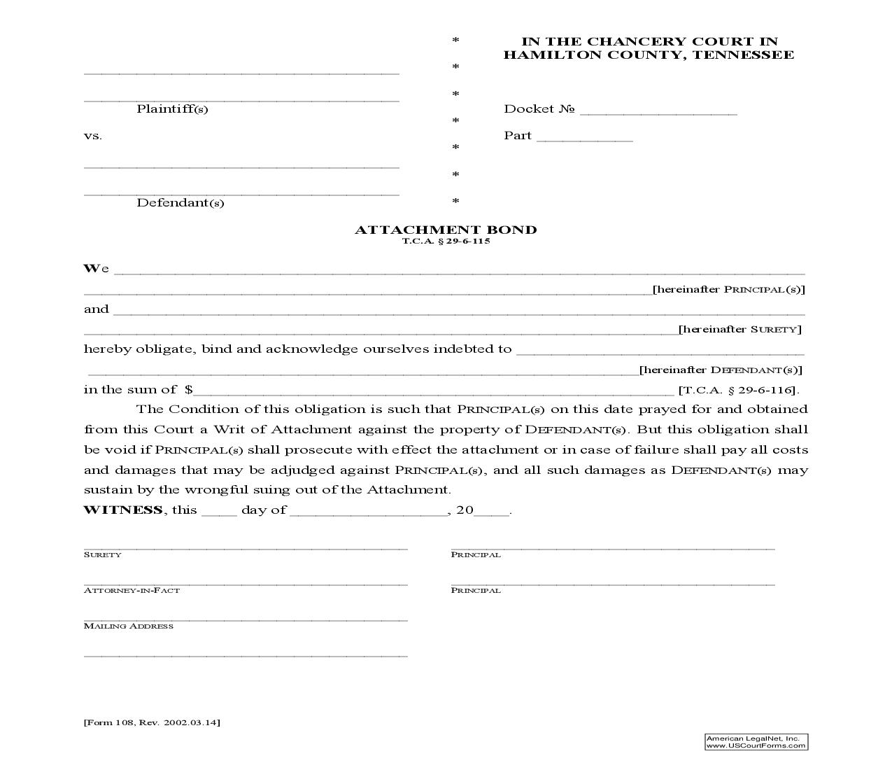 Attachment Bond Pursuant To TCA Section 29-6-115 {108} | Pdf Fpdf Doc Docx | Tennessee