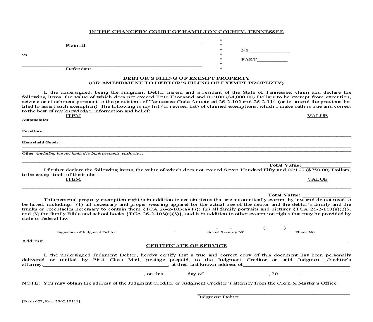 Debtors Filing Of Exempt Property (Or Amendment) {027} | Pdf Fpdf Doc Docx | Tennessee