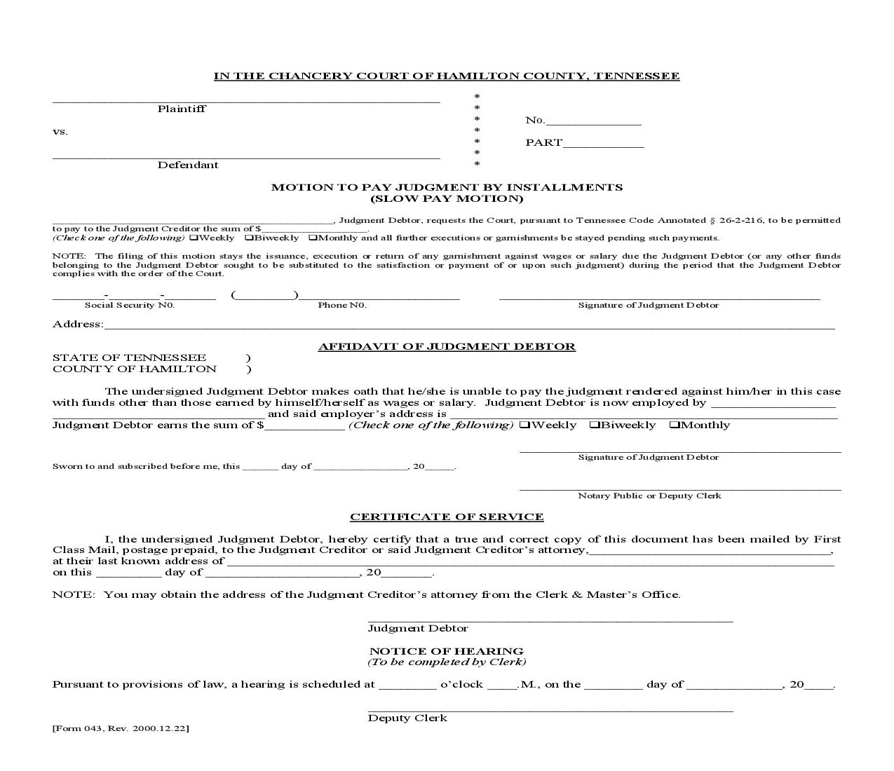 Motion To Pay Judgment By Installments (Slow Pay Motion) {043} | Pdf Fpdf Doc Docx | Tennessee