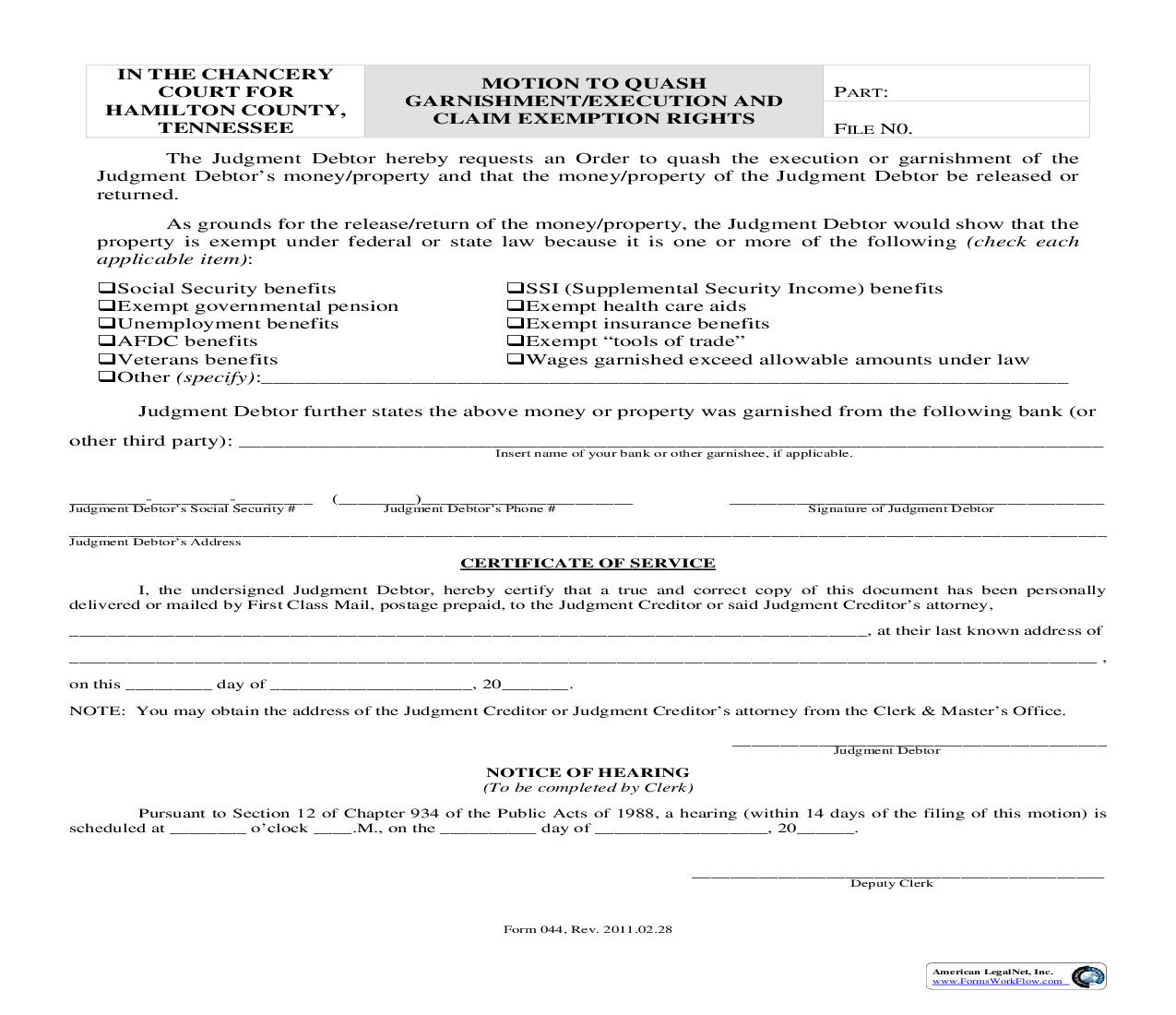 Motion To Quash Garnishment Or Execution And Claim Exemption Rights {044} | Pdf Fpdf Doc Docx | Tennessee