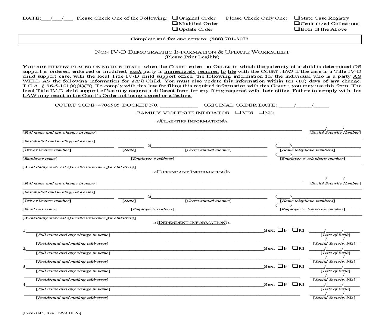 Non IV-D Demographic Information And Update Worksheet {045} | Pdf Fpdf Doc Docx | Tennessee
