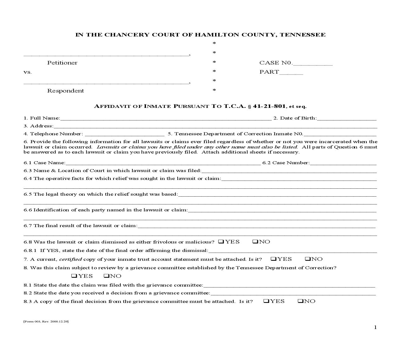 Affidavit Of Inmate Pursuant To TCA Section 41-21-801 Et Seq {003} | Pdf Fpdf Doc Docx | Tennessee