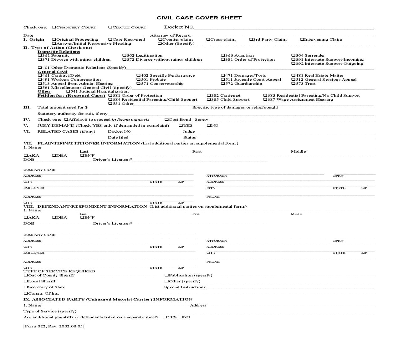 Civil Case Cover Sheet (Chancery Court-Circuit Court) {022} | Pdf Fpdf Doc Docx | Tennessee