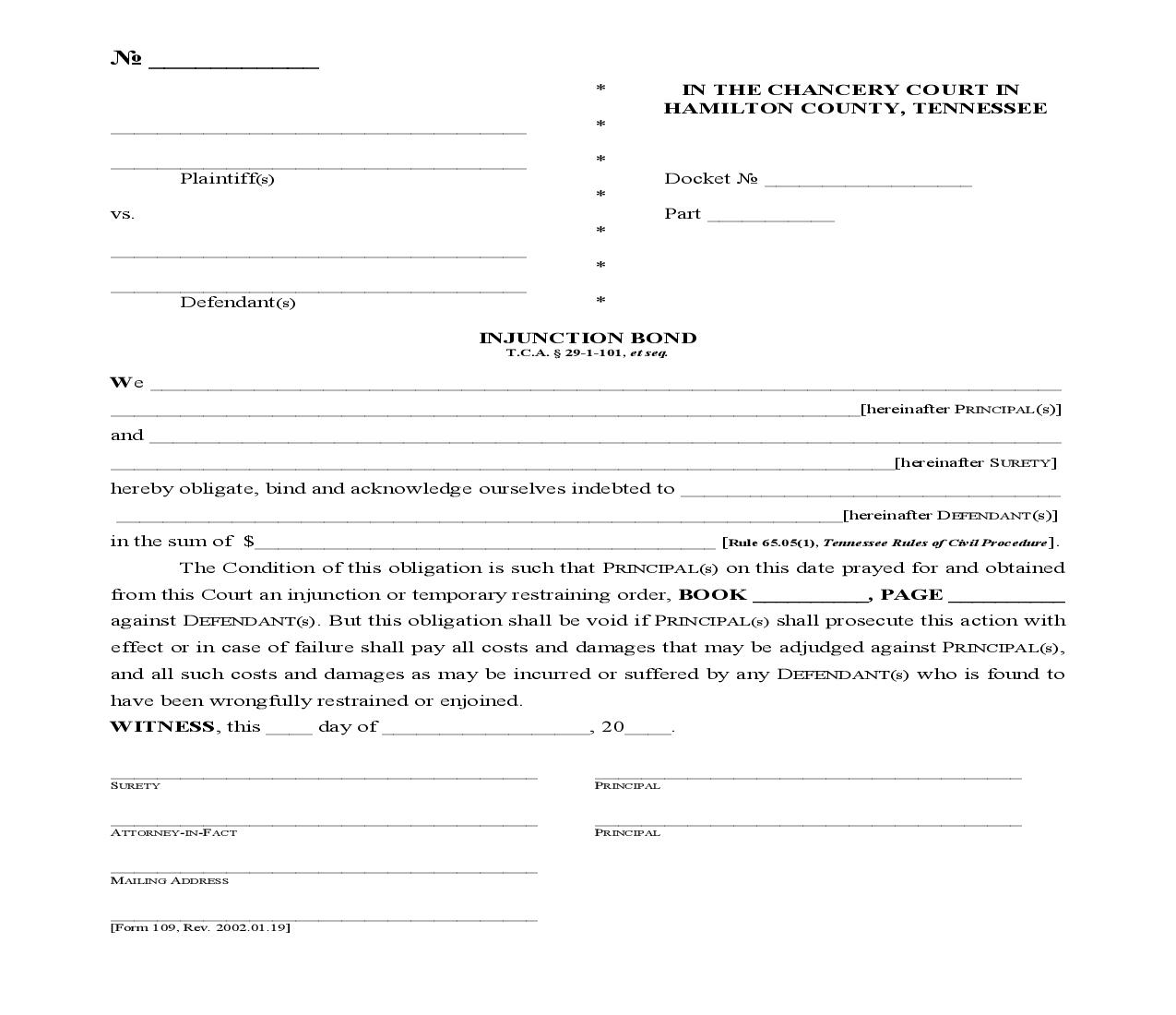 Injunction Bond {109} | Pdf Fpdf Doc Docx | Tennessee