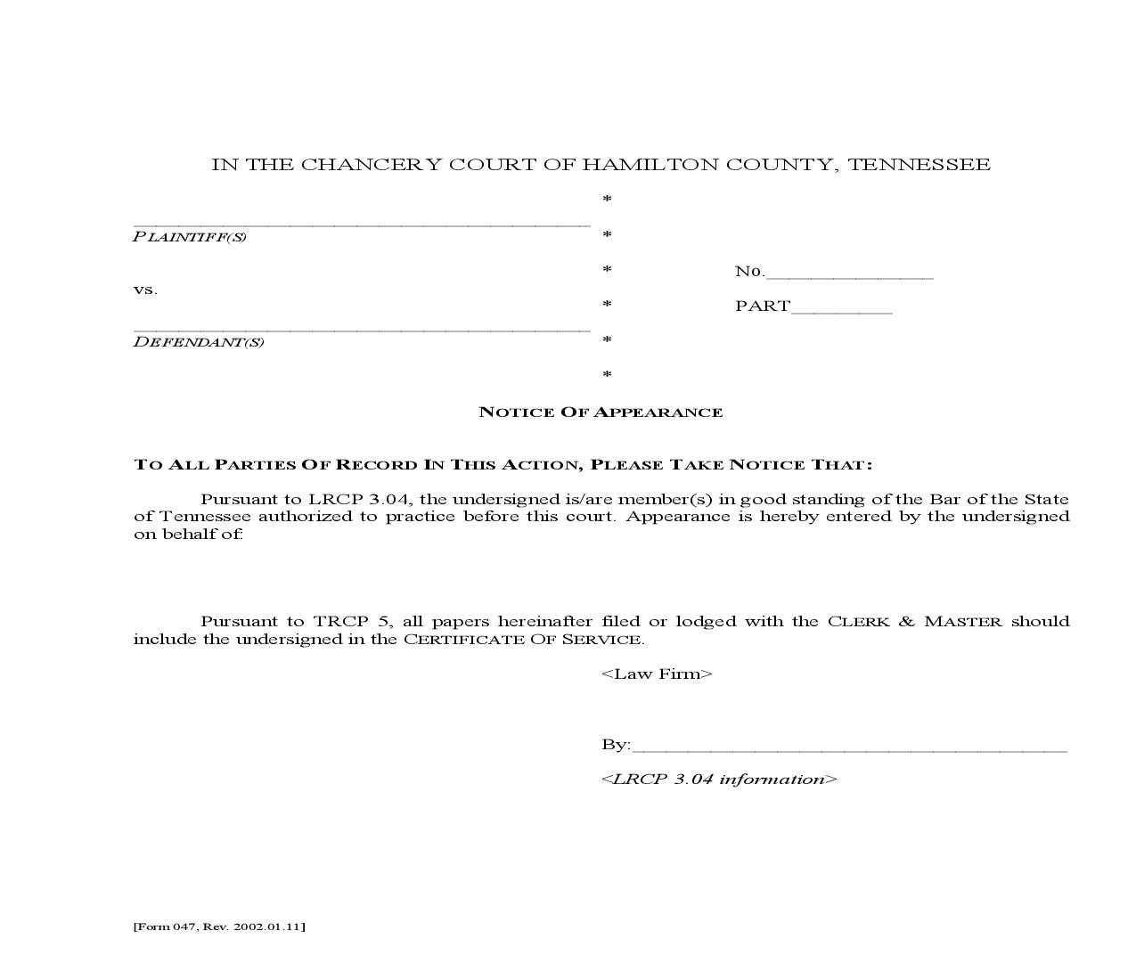 Notice Of Appearance {047} | Pdf Fpdf Doc Docx | Tennessee