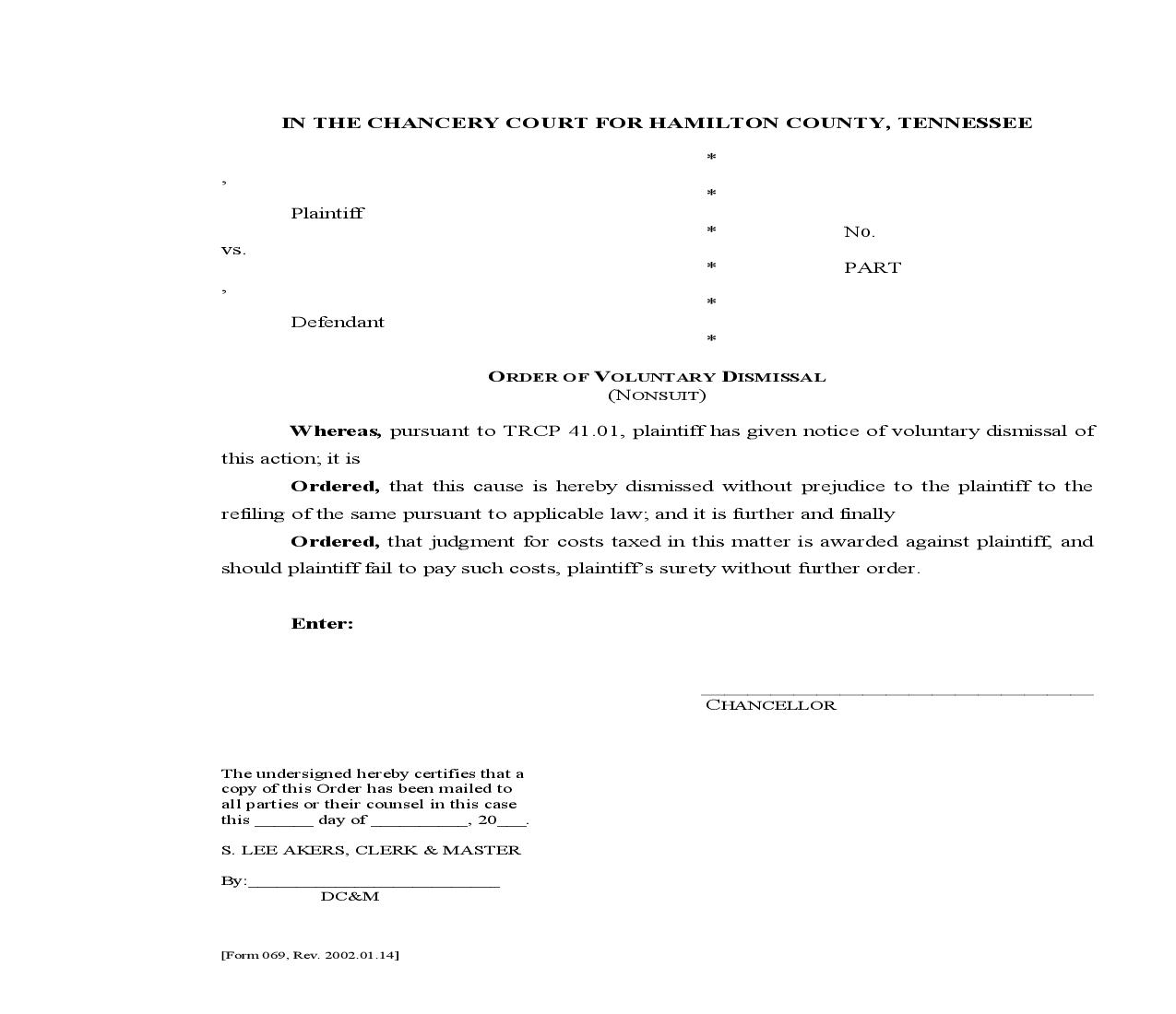 Order Of Voluntary Dismissal (Nonsuit) {069} | Pdf Fpdf Doc Docx | Tennessee
