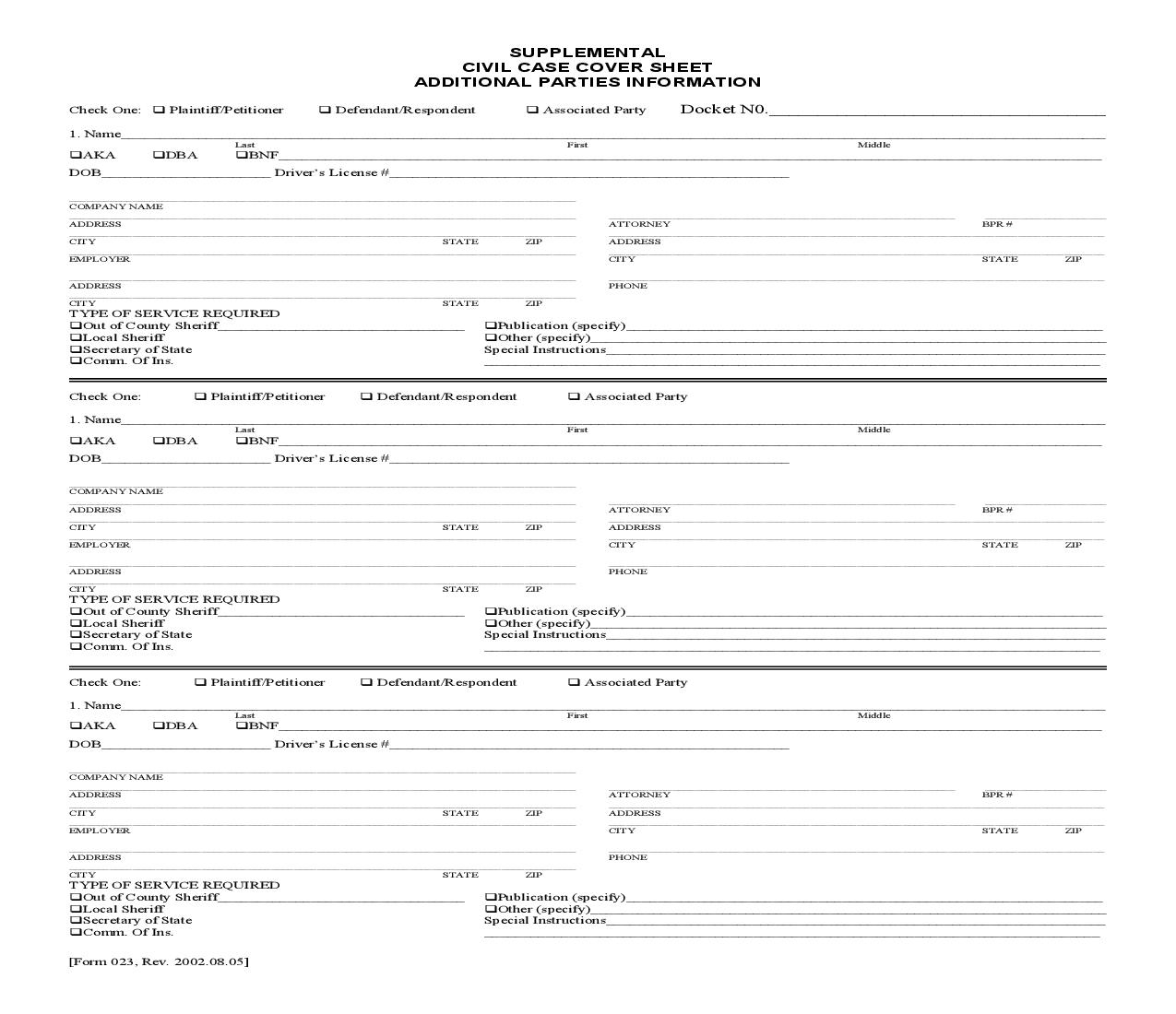 Supplemental Civil Case Cover Sheet Additional Parties Information {023} | Pdf Fpdf Doc Docx | Tennessee