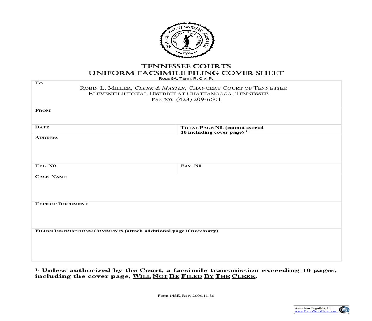 Tennessee Courts Uniform Facsimile Filing Cover Sheet {148} | Pdf Fpdf Doc Docx | Tennessee