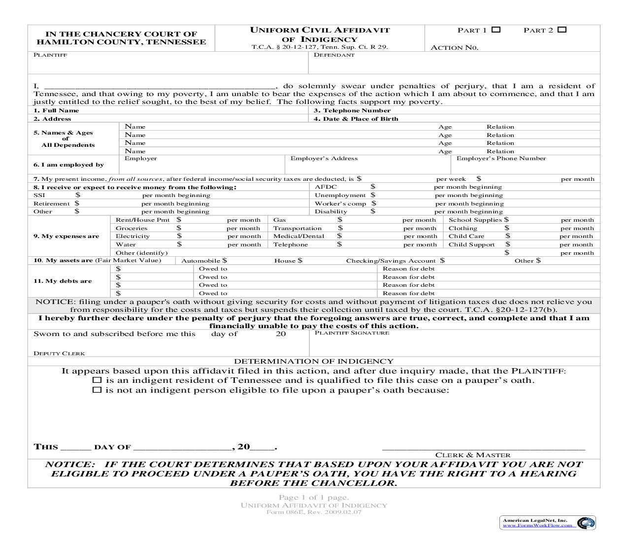Uniform Civil Affidavit Of Indigency {086} | Pdf Fpdf Doc Docx | Tennessee