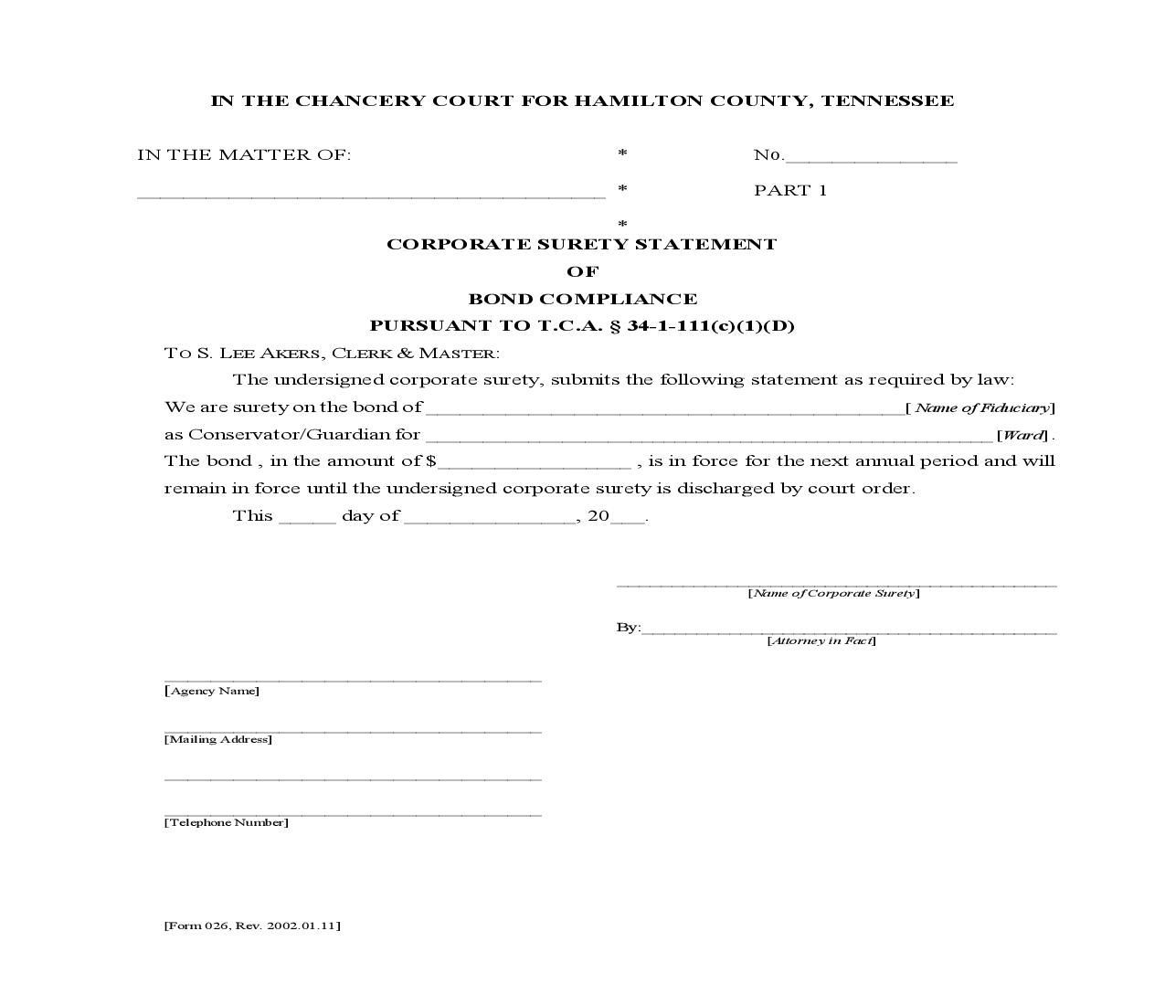 Corporate Surety Statement Of Bond Compliance {026} | Pdf Fpdf Doc Docx | Tennessee