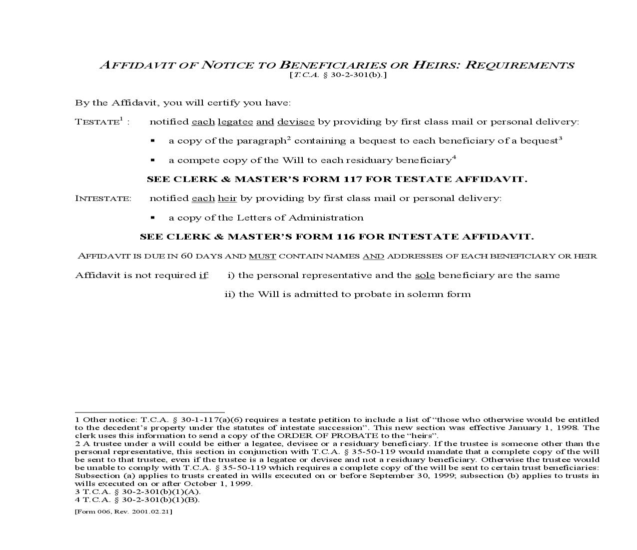 Affidavit Of Notice To Beneficiaries Or Heirs - Requirements {006} | Pdf Fpdf Doc Docx | Tennessee
