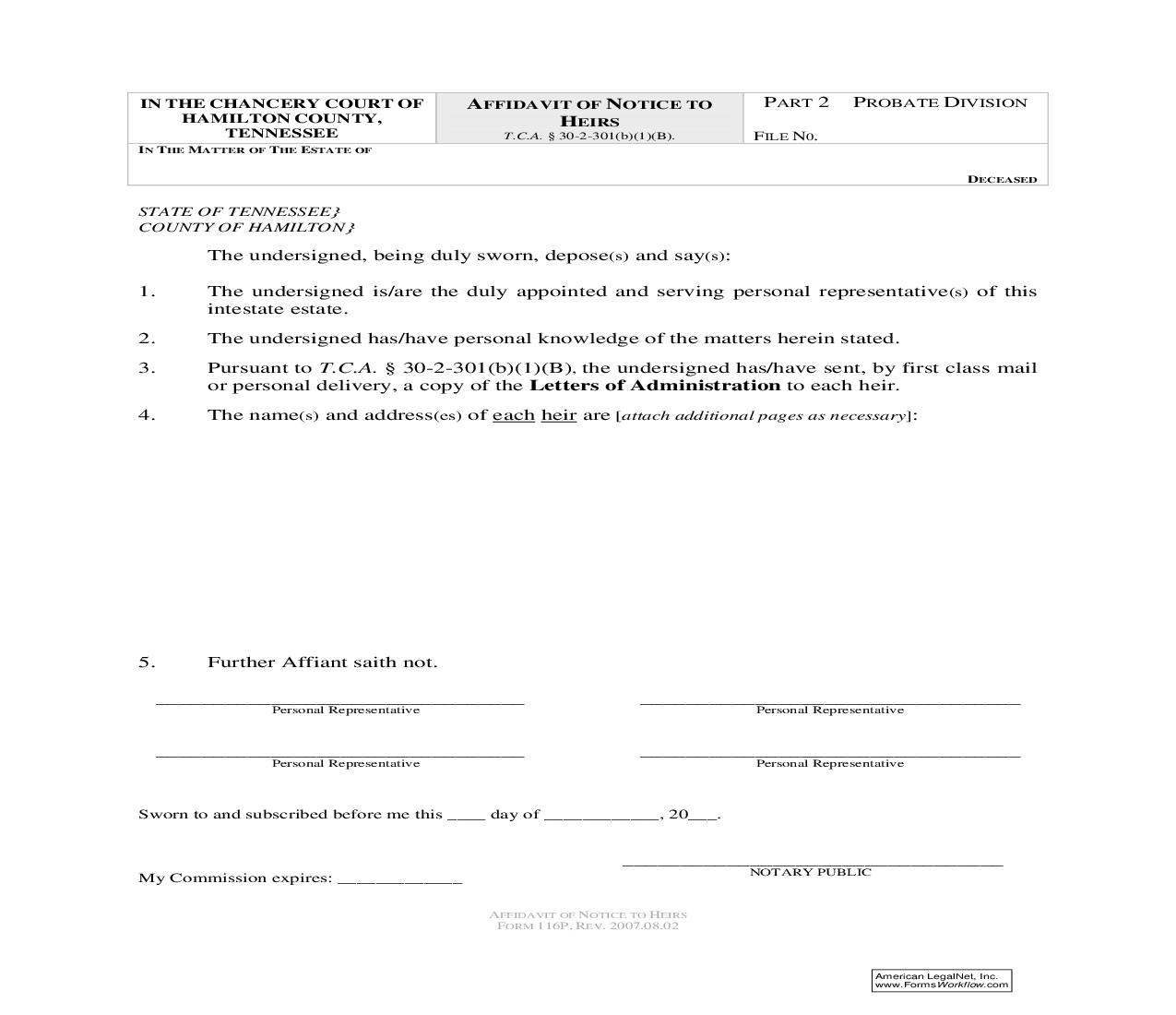 Affidavit Of Notice To Heirs {116} | Pdf Fpdf Doc Docx | Tennessee