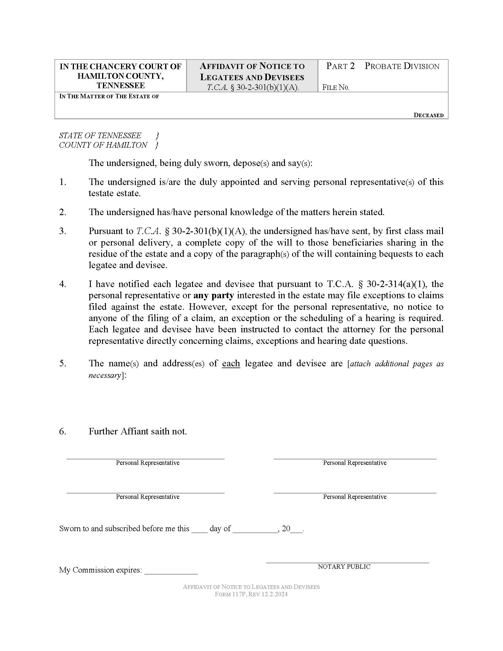 Affidavit Of Notice To Legatees And Devisees {117} | Pdf Fpdf Doc Docx | Tennessee