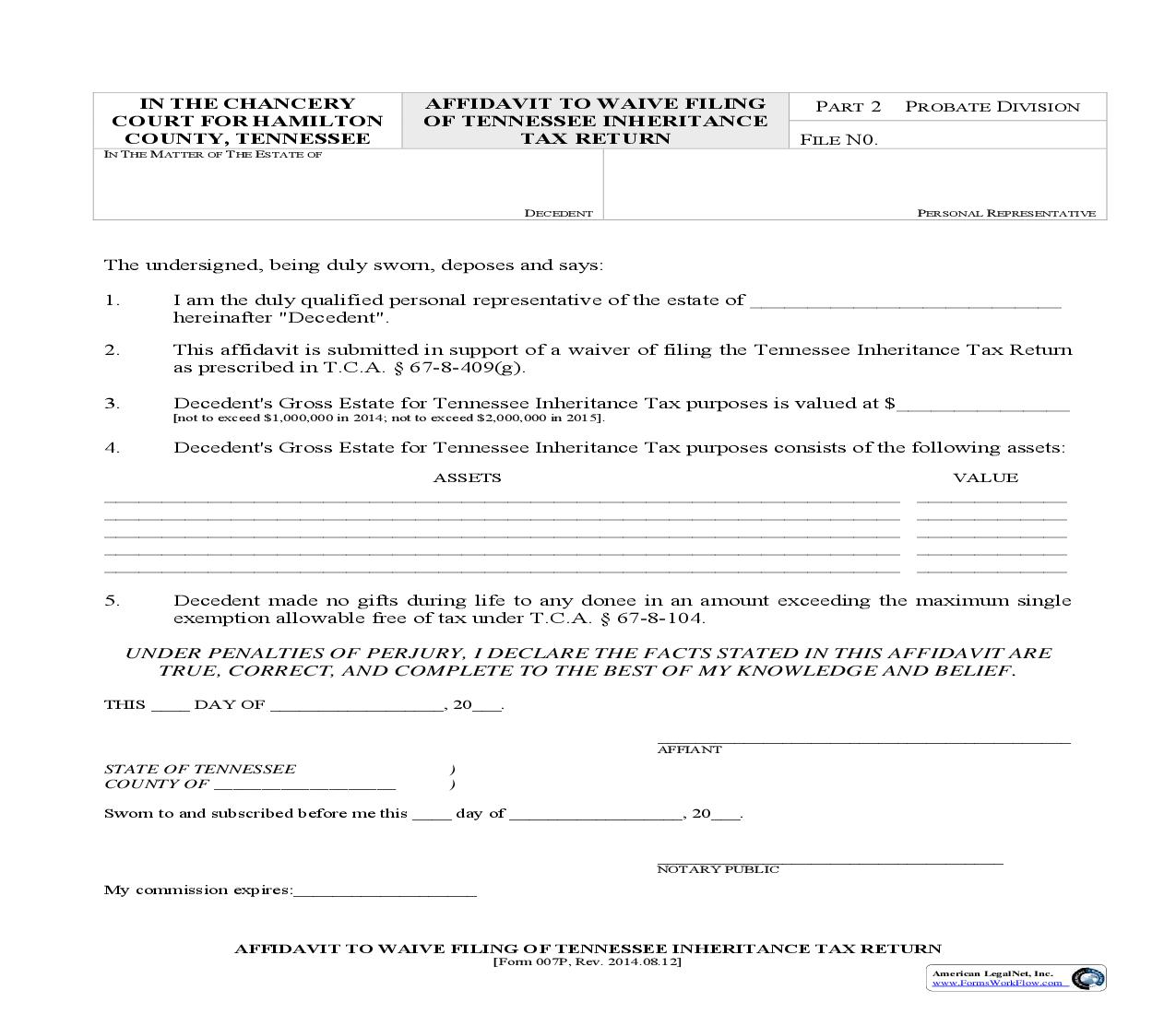 Affidavit To Waive Filing Of Tennessee Inheritance Tax Return {007} | Pdf Fpdf Doc Docx | Tennessee