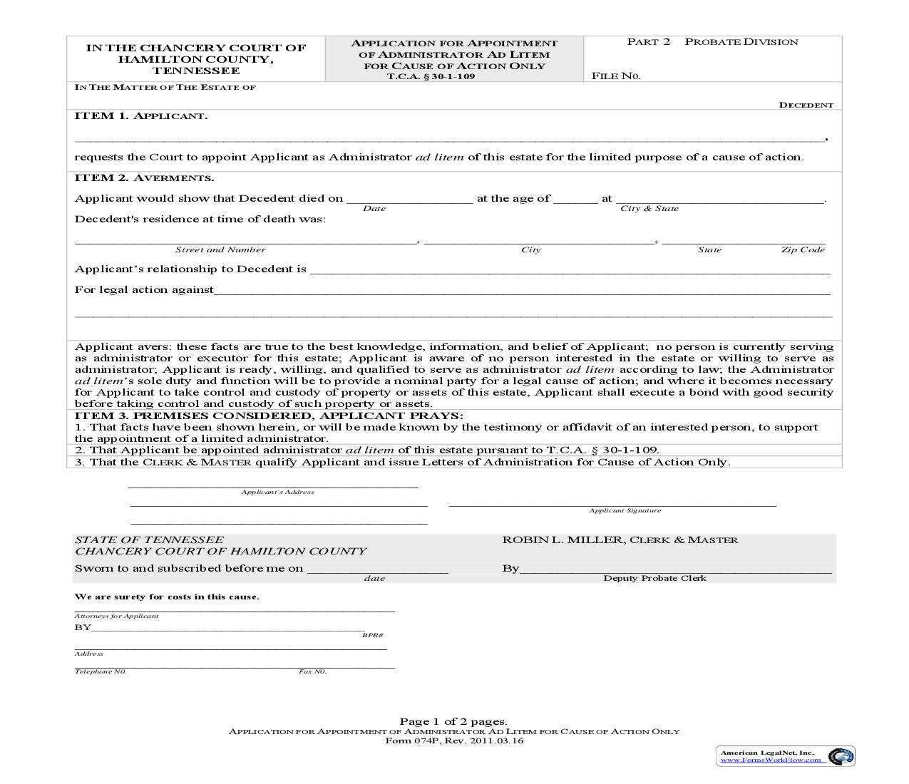 Application For Appointment Of Administrator Ad Litem For Cause Of Action Only {074} | Pdf Fpdf Doc Docx | Tennessee