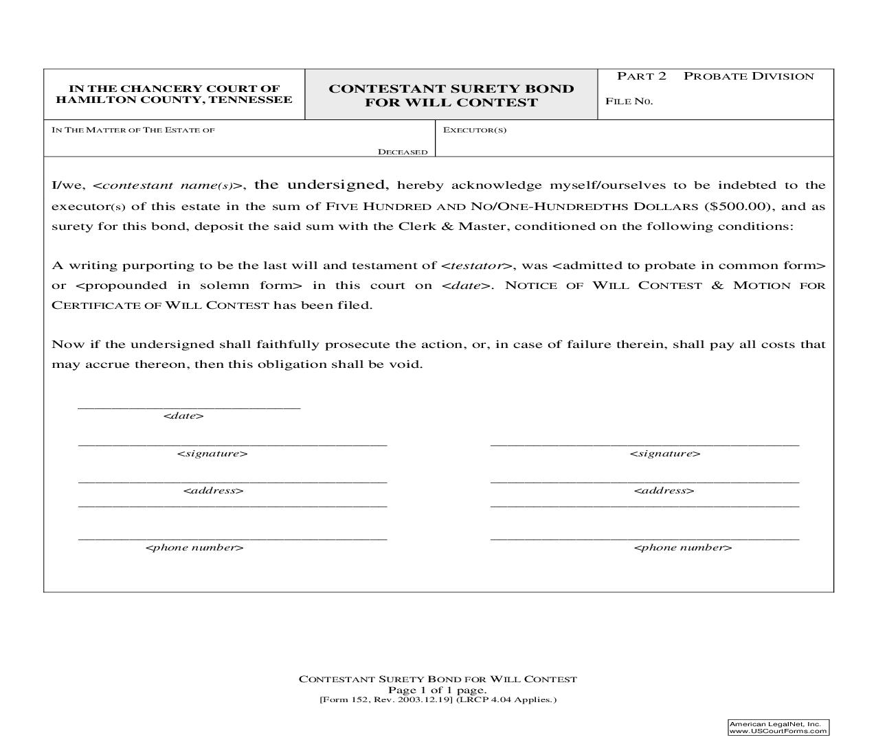 Contestant Surety Bond For Will Contest {152} | Pdf Fpdf Doc Docx | Tennessee