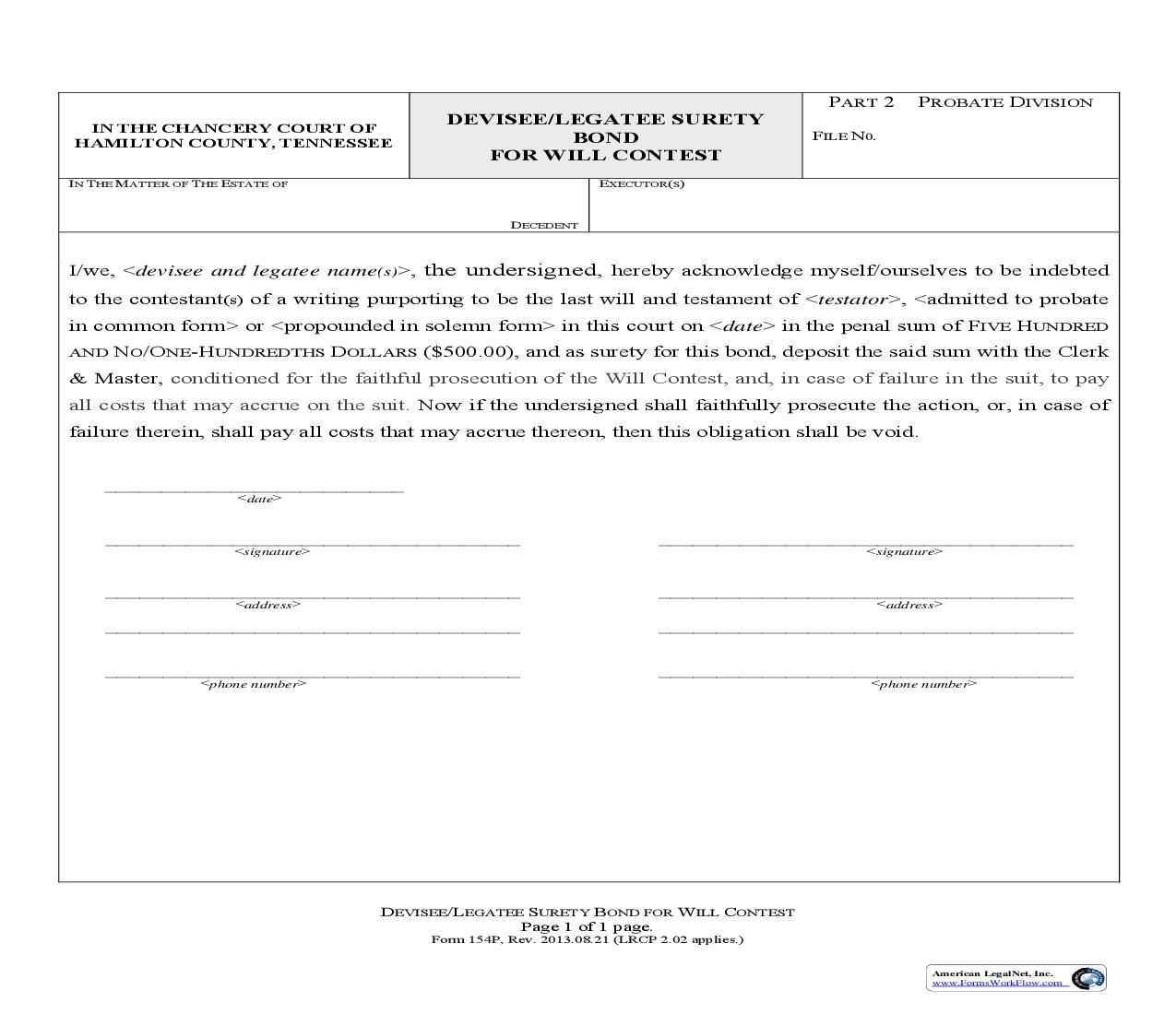 Devisee Or Legatee Surety Bond For Will Contest {154} | Pdf Fpdf Doc Docx | Tennessee