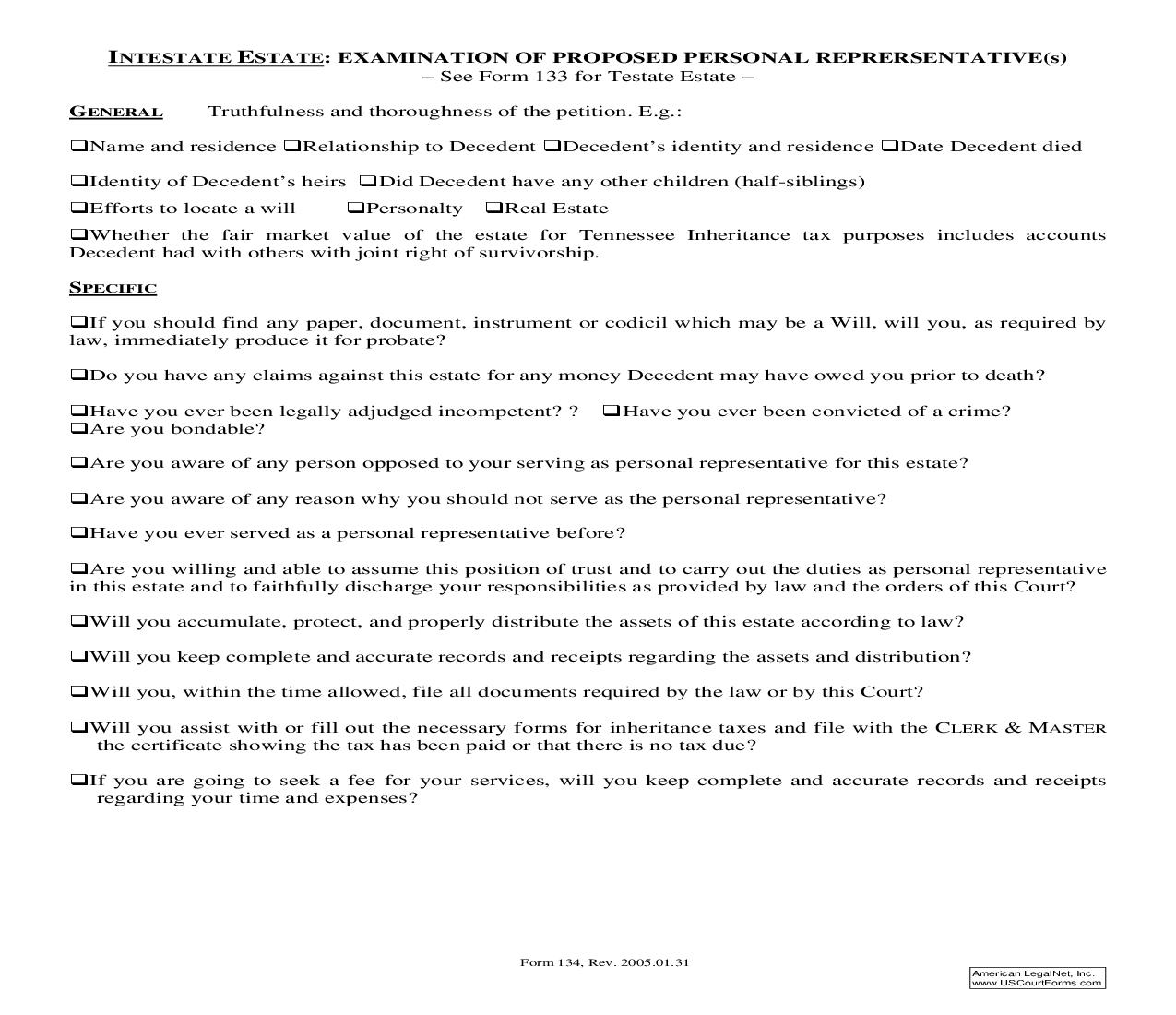 Intestate Estate Examination Of Proposed Personal Representatives {134} | Pdf Fpdf Doc Docx | Tennessee