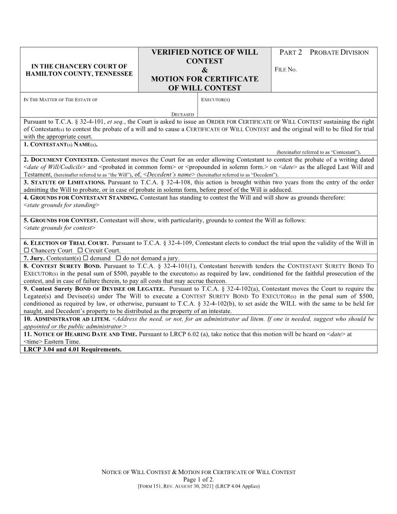 Notice Of Will Contest And Motion For Certificate Of Will Contest {151} | Pdf Fpdf Doc Docx | Tennessee
