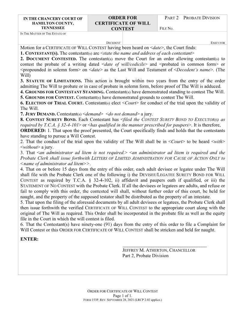 Order For Certificate Of Will Contest {153} | Pdf Fpdf Doc Docx | Tennessee