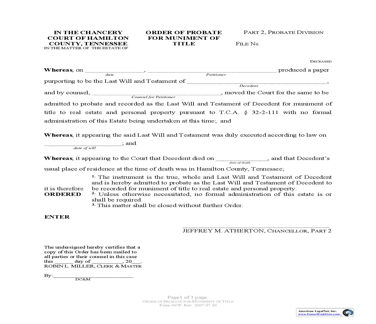 Order Of Probate For Muniment Of Title {067} | Pdf Fpdf Doc Docx | Tennessee