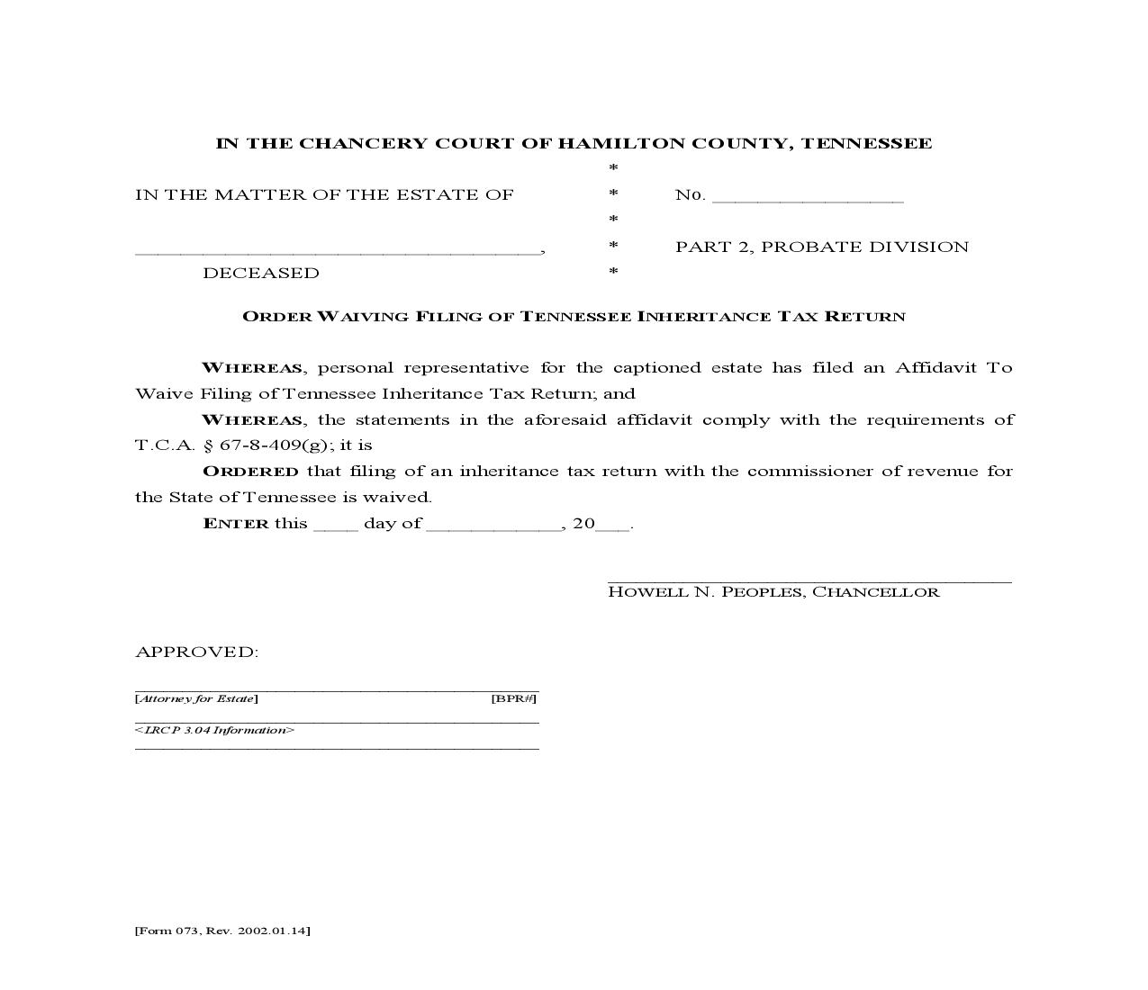 Order Waiving Filing Of Tennessee Inheritance Tax Return {073} | Pdf Fpdf Doc Docx | Tennessee