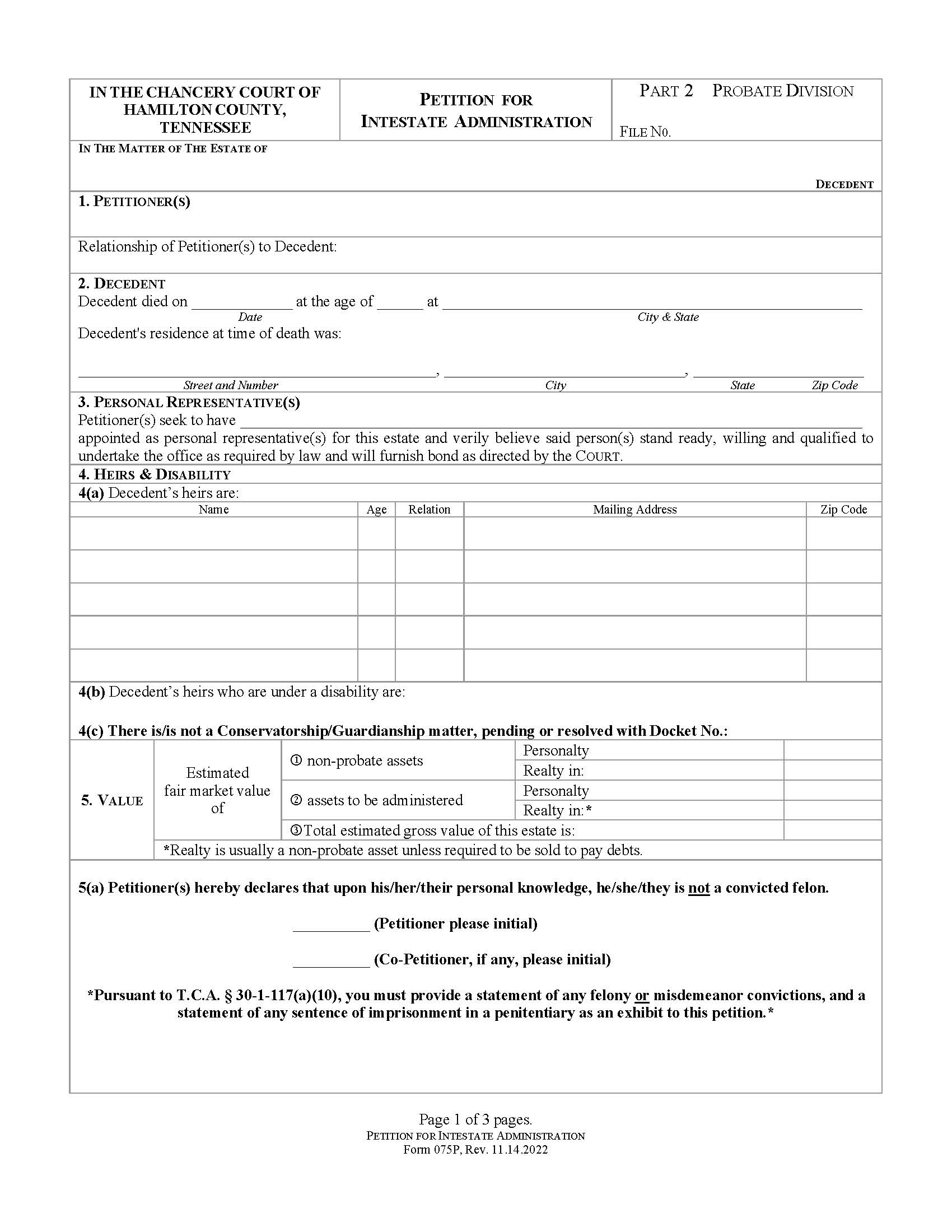 Petition For Intestate Administration {075P} | Pdf Fpdf Docx | Tennessee